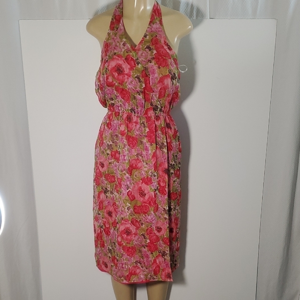 Milly 100% Silk Pink And Red Floral Halter Neck Dress Size 4